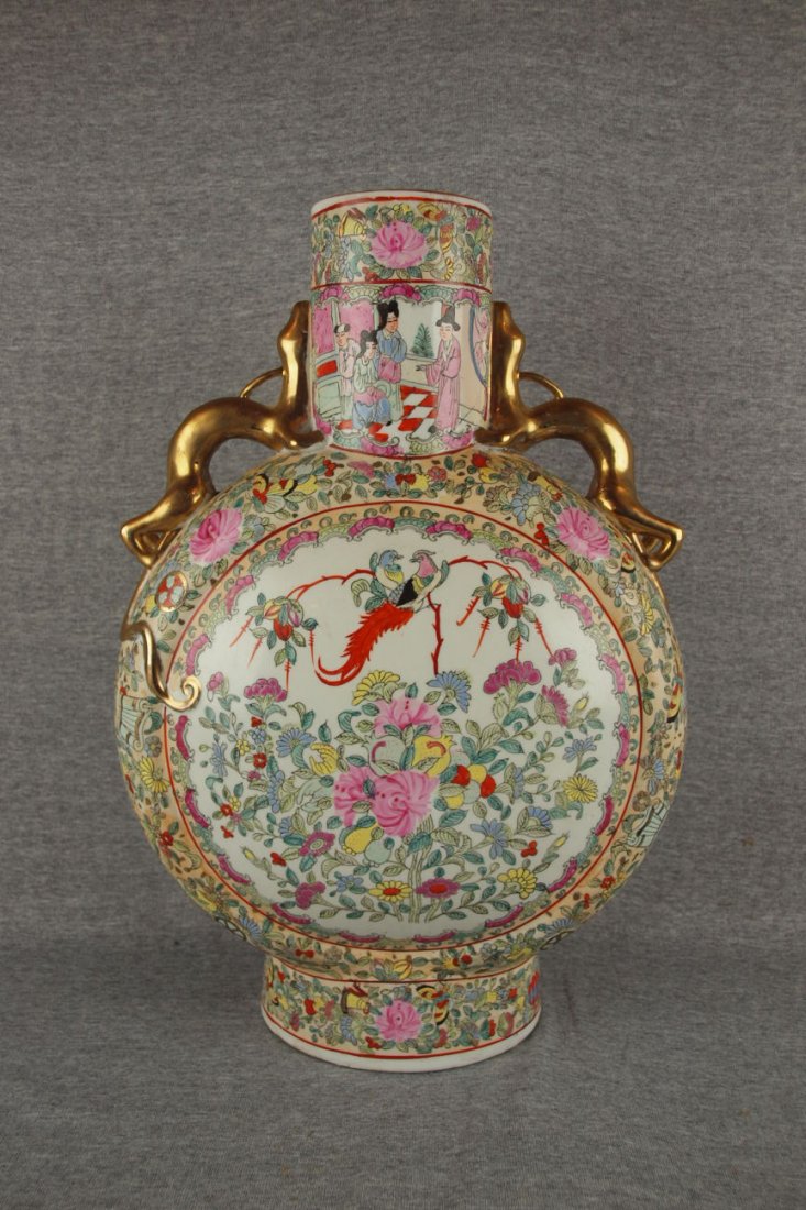 Chinese large Oriental moon vase with gold animal ha