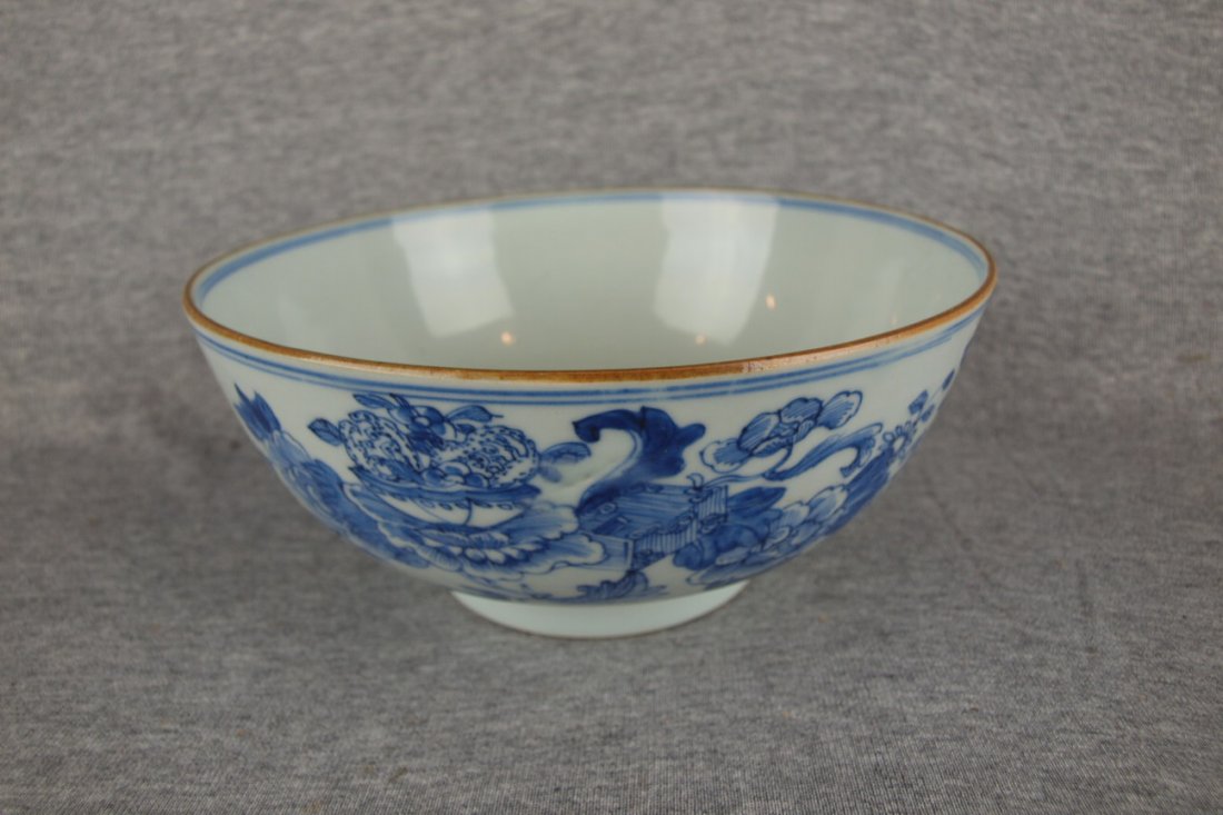 Oriental blue and white porcelain bowl, 8"d
