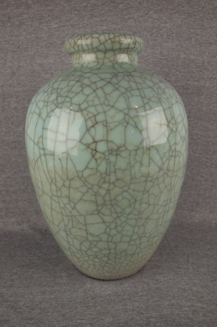 Japanese large celedon green pottery vase, 14 1/2"
