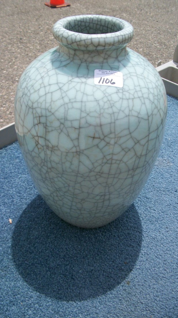 Japanese large celedon green pottery vase, 14 1/2" - 2