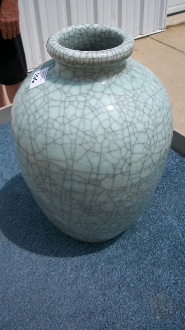 Japanese large celedon green pottery vase, 14 1/2" - 3