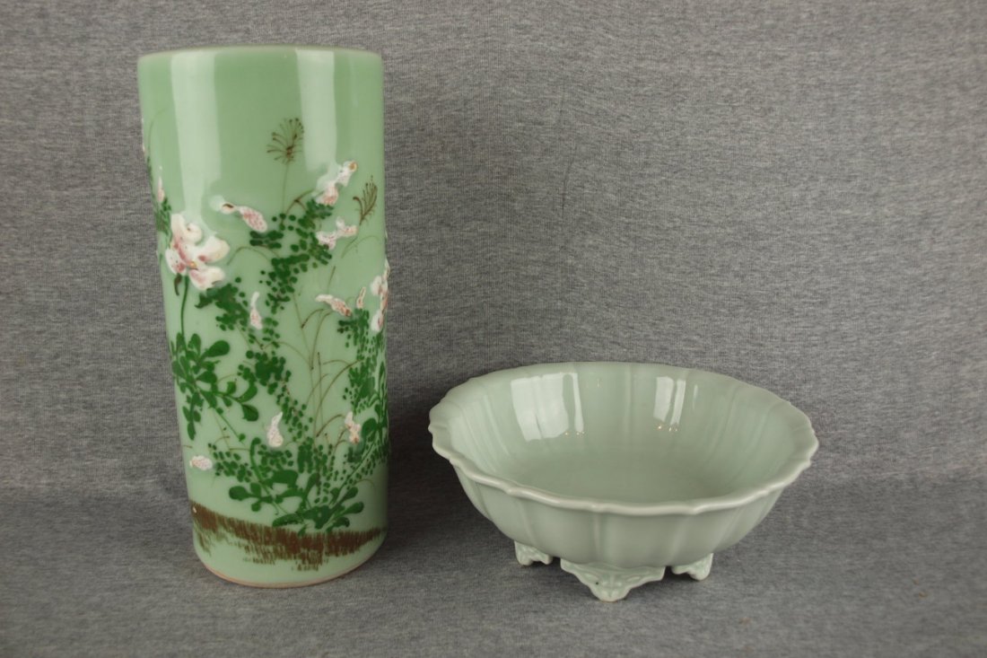 Oriental celedon green vase and bowl, 12"h and 9 1/4