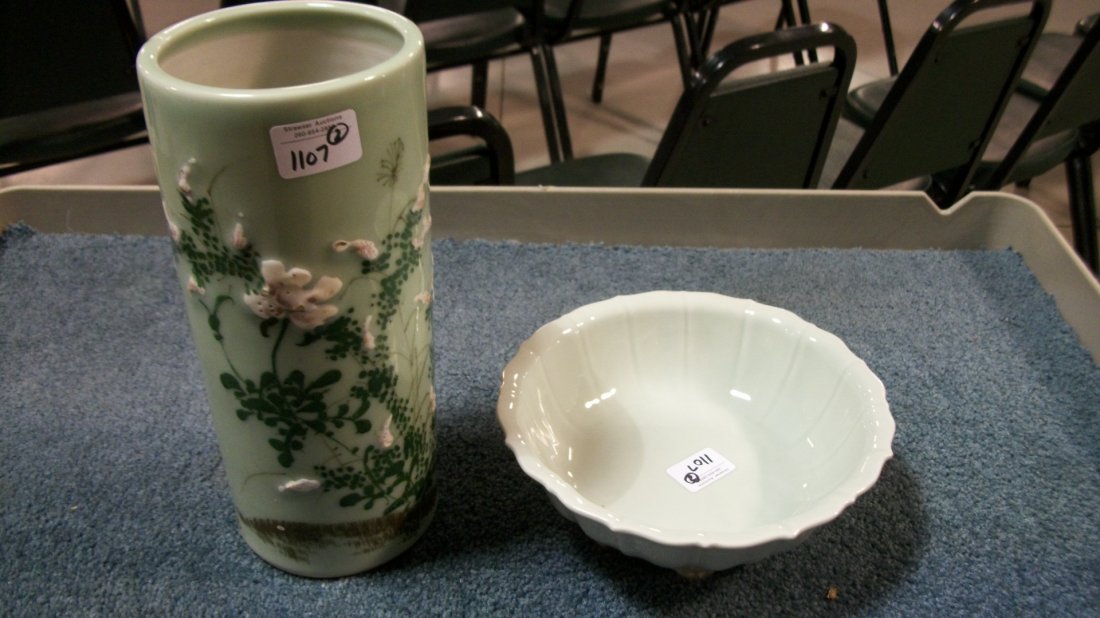 Oriental celedon green vase and bowl, 12"h and 9 1/4 - 2