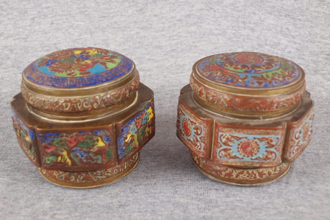 Early Chinese brass enamel pair of covered boxes, 4"
