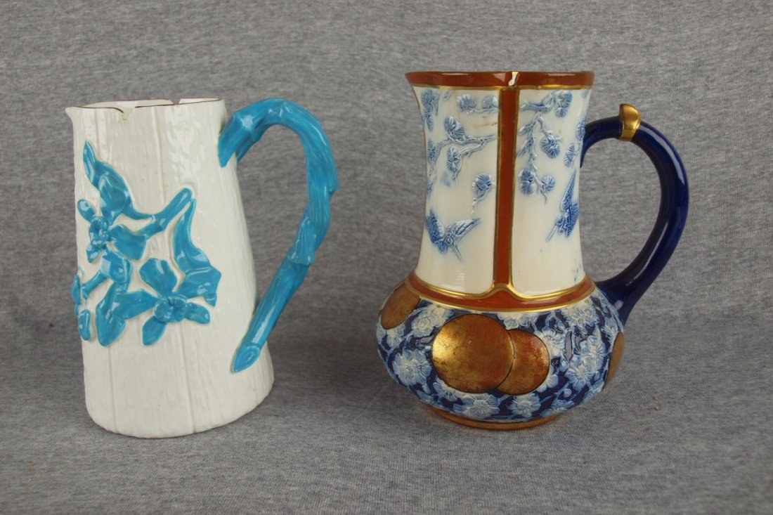 English porcelain lot of 2 pitchers, hairline, 7 1/2