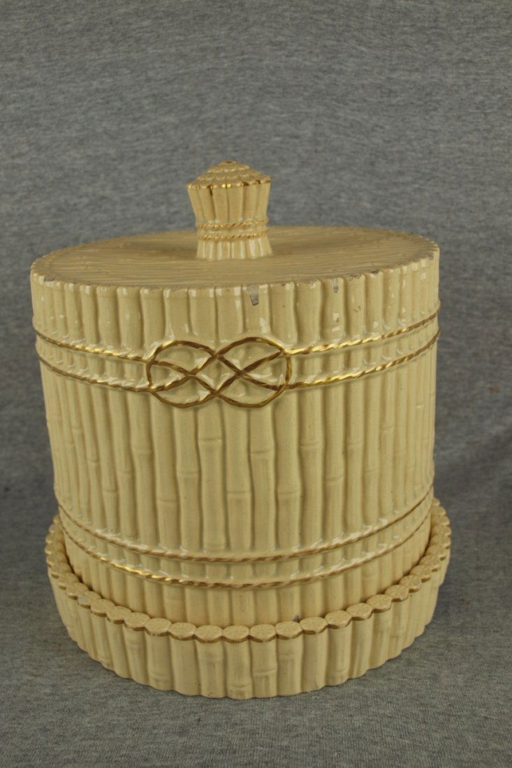 Yelloware bamboo cheese keeper , nicks to finial, 9 1: Yelloware bamboo cheese keeper , nicks to finial, 9 1/2"h, 9 1/2"d