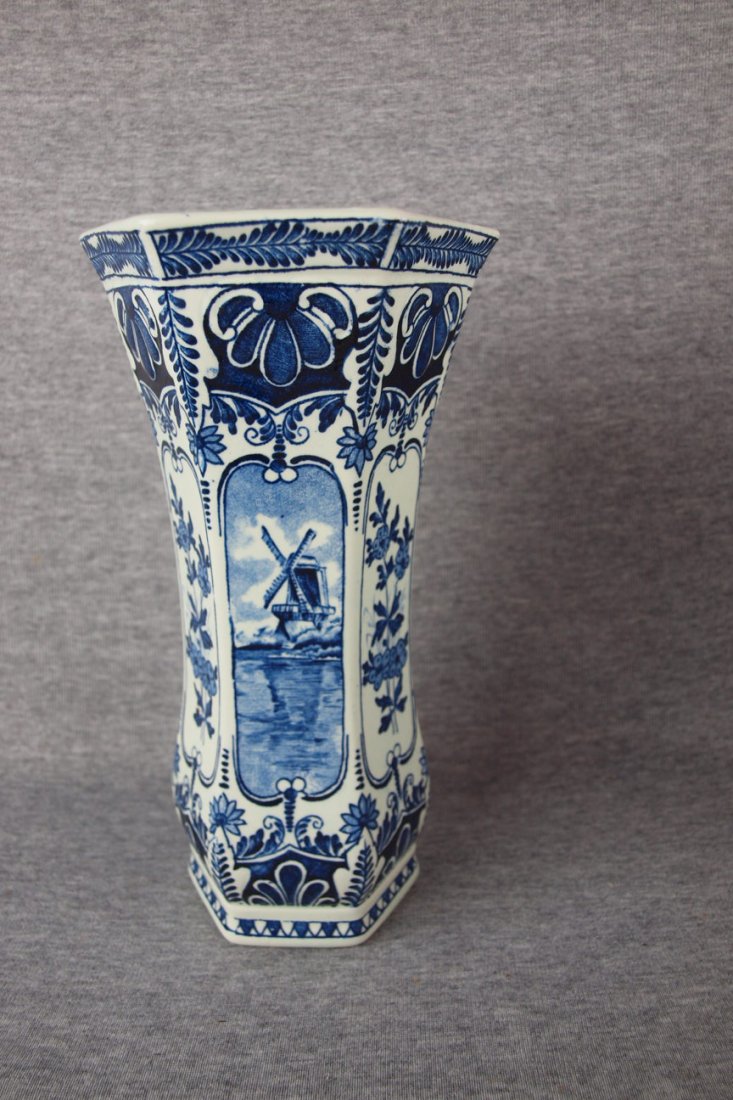 Delft blue and white vase with wind mill scene, 9 1/