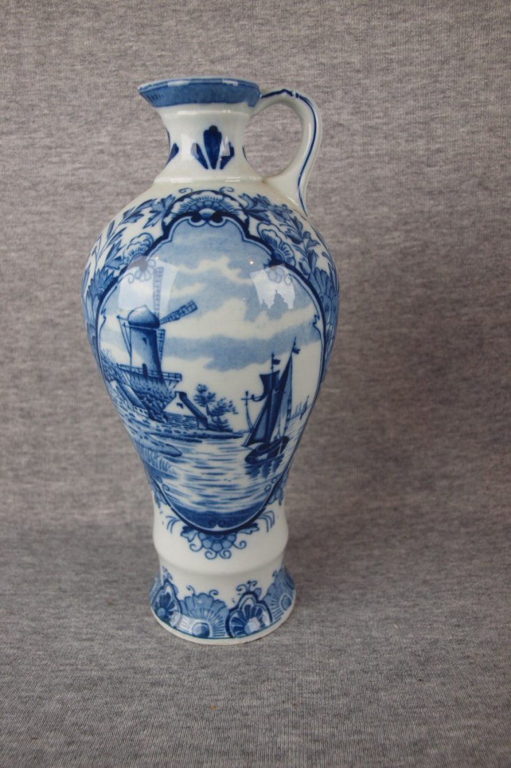 Delft blue and white ewer with windmill scene, 9" 