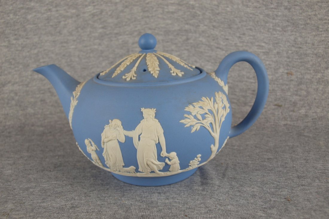 Wedgwood blue jasperware teapot, 8 1/2"w : Wedgwood blue jasperware teapot, 8 1/2"w