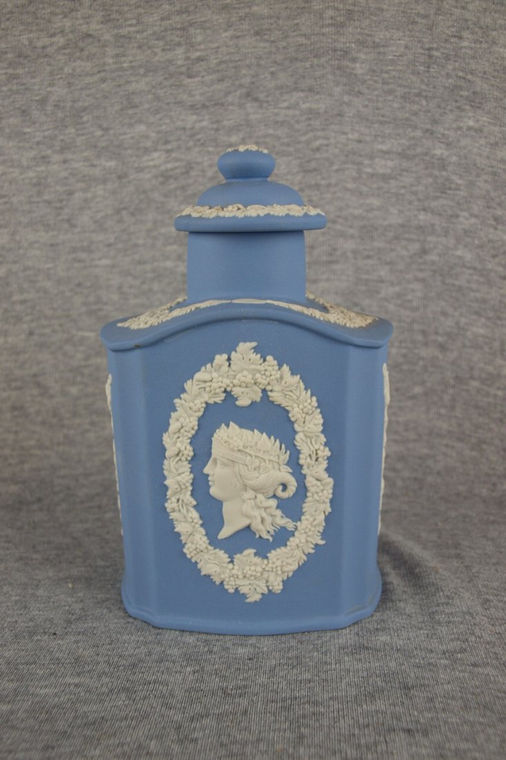Wedgwood blue Jasperware covered jar, 6 1/4" 