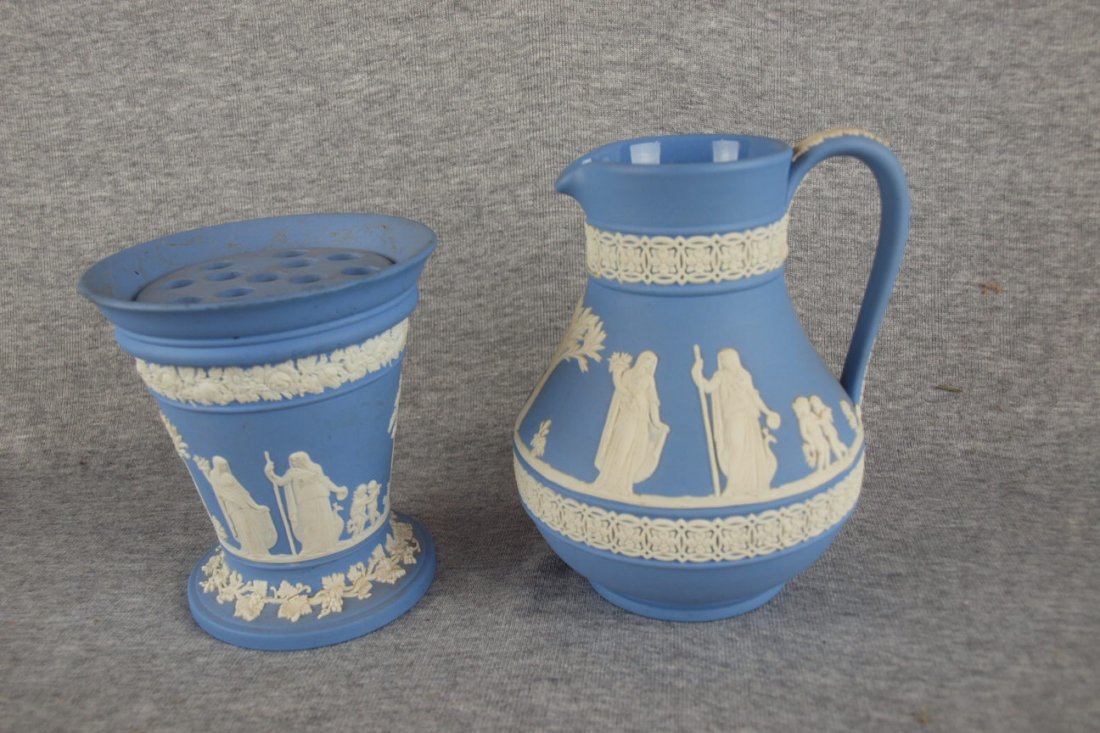 Wedgwood blue Jasperware flower holder and pitcher, 