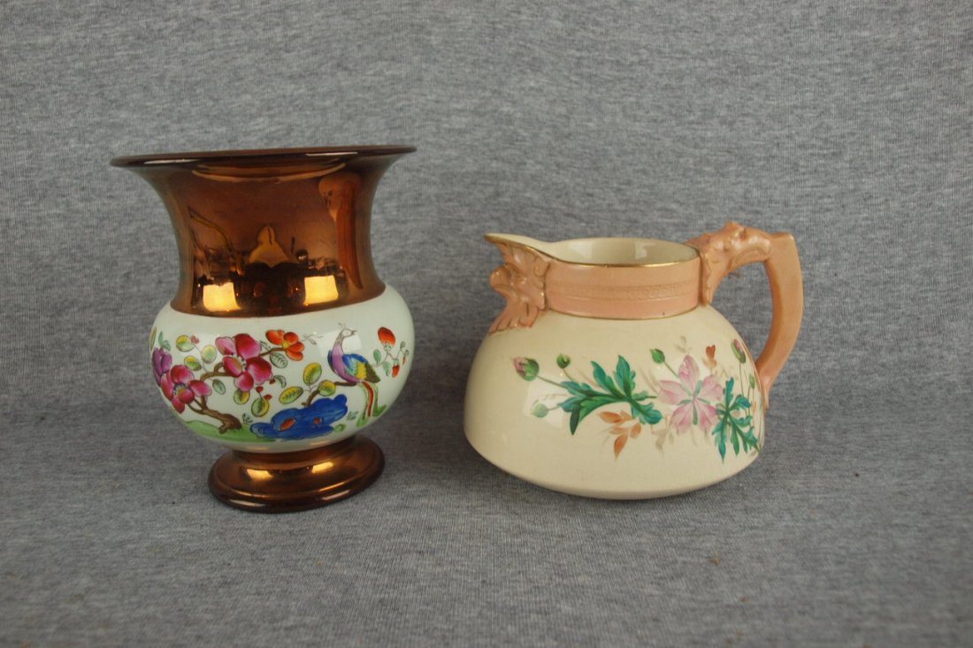 Copper lustre vase with peacock 6" and Baltimore Po: Copper lustre vase with peacock 6" and Baltimore Pottery ivory pitcher, 4 1/2"