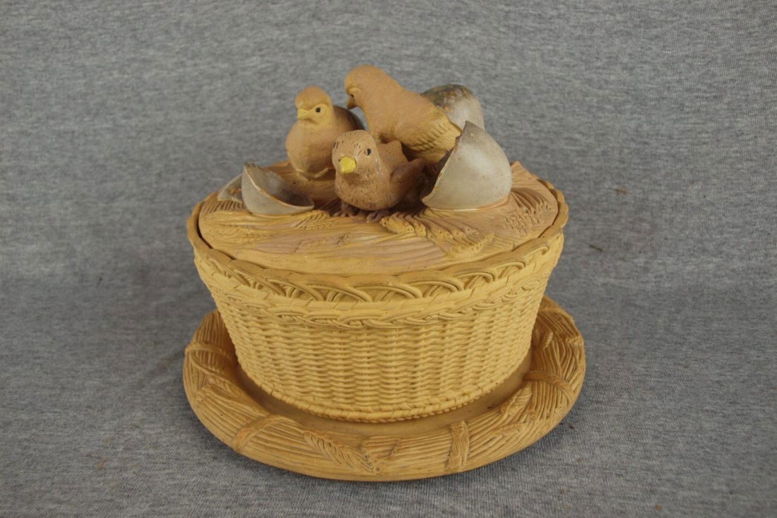 Yelloware unglazed basket with eggs and chicks on lid: Yelloware unglazed basket with eggs and chicks on lid, repairs to cover, hairline to tray, 9"d