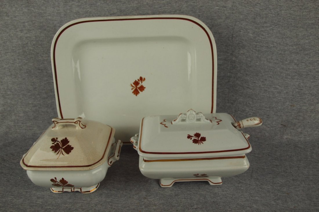 Tea Leaf ironstone lot of 3 pieces - Meller & Taylor: Tea Leaf ironstone lot of 3 pieces - Meller & Taylor 12" platter and covered gravy tureen with brown transfer ladle and J & G Meakin covered box (chip to lid)