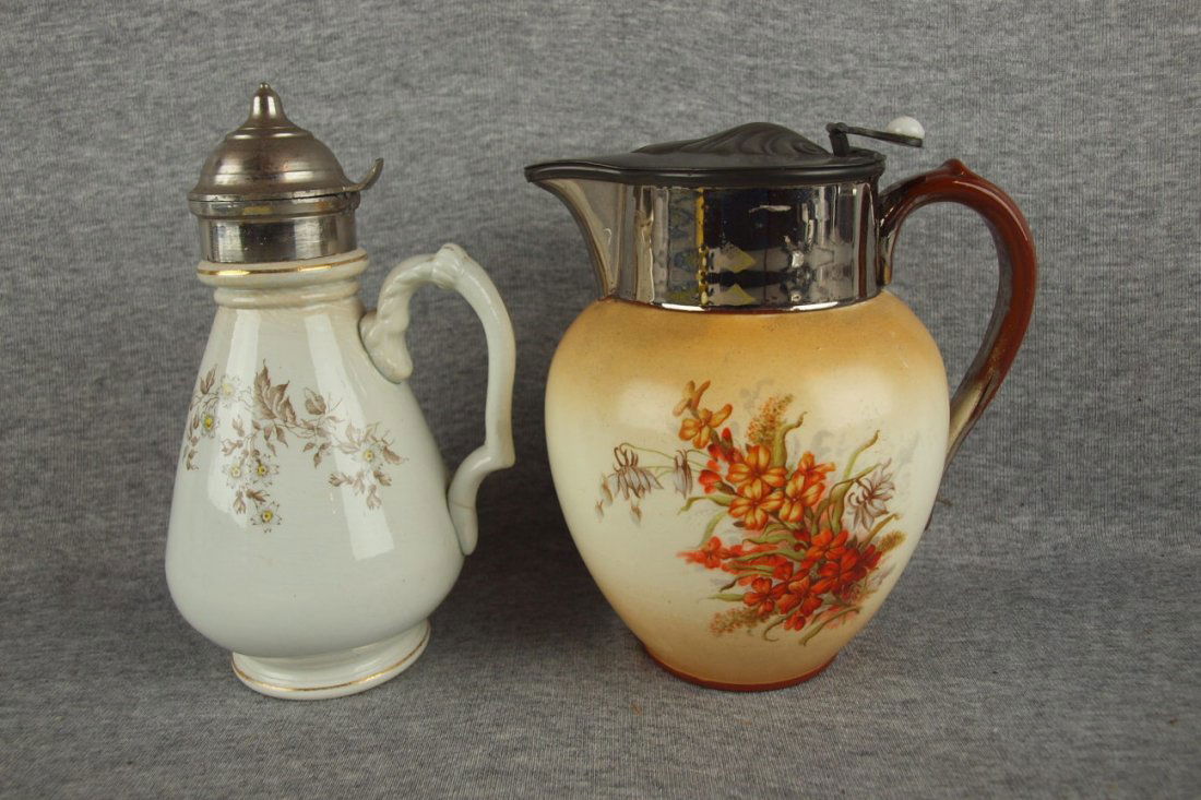 Ironstone syrup pitcher 7 1/2" (handle repair) and re: Ironstone syrup pitcher 7 1/2" (handle repair) and redware syrup pitcher, 6 1/4"