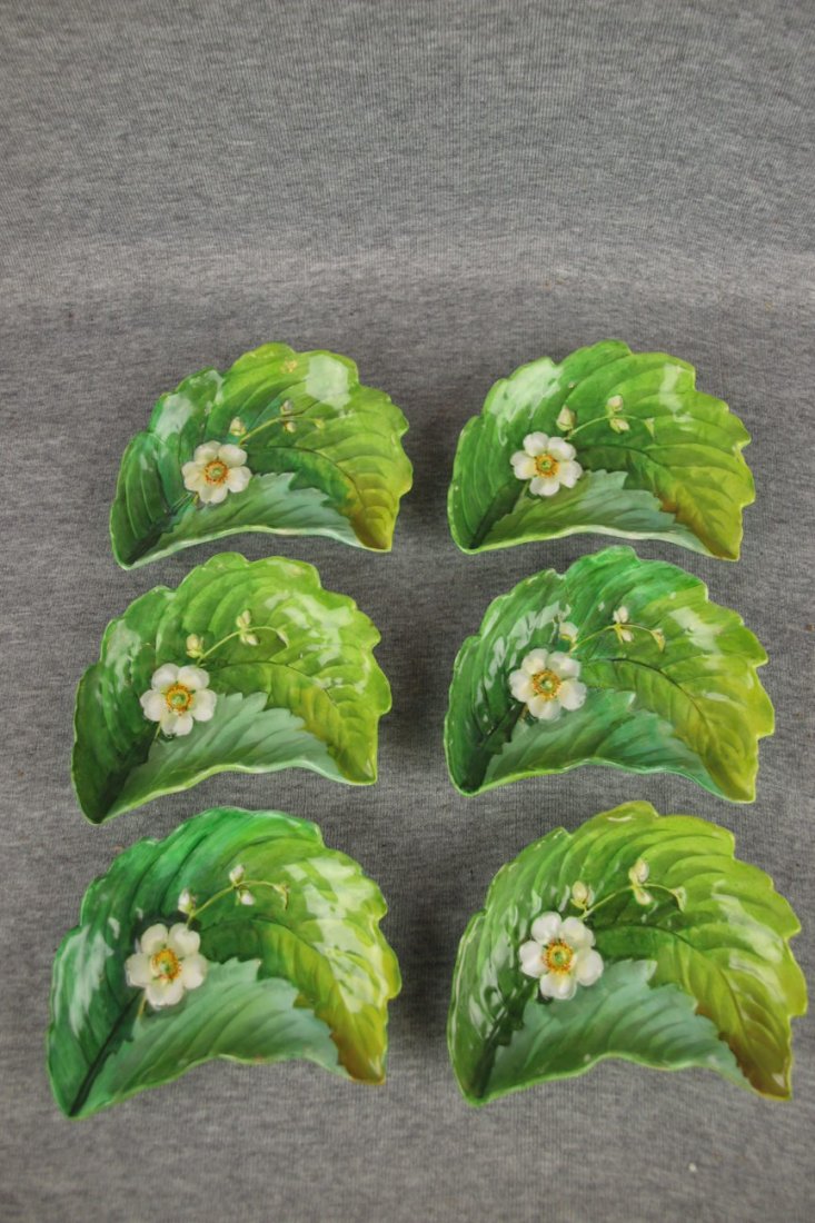 Minton bone china set of 6-5" leaf and flower cresce: Minton bone china set of 6-5" leaf and flower crescent shape dishes, repair to one