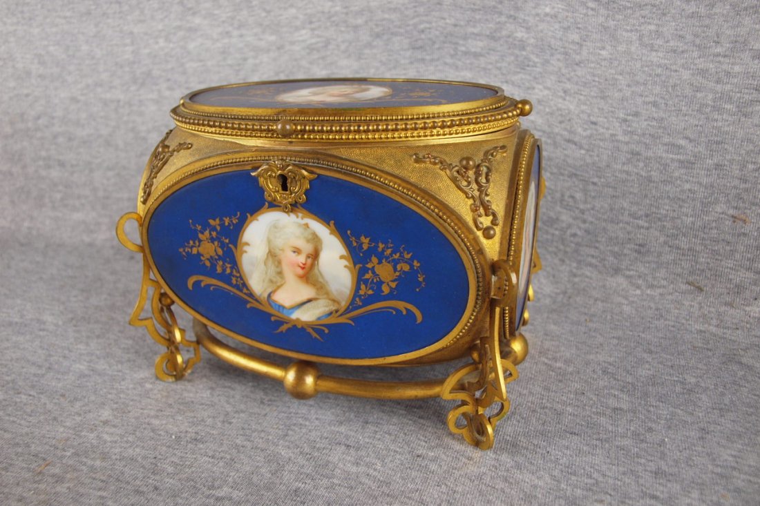 Important brass jewelry casket with porcelain panels : Important brass jewelry casket with porcelain panels with portraits of ladies, 7 1/4"l, 5 3/4"h