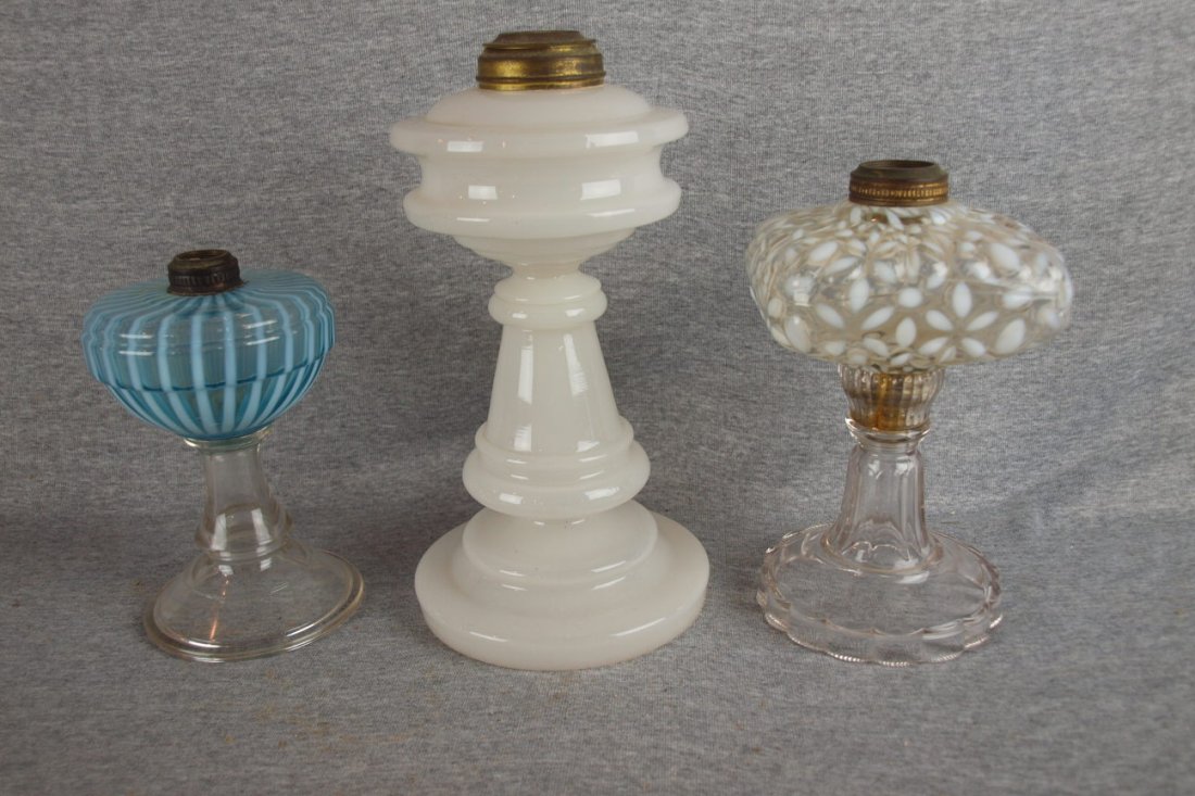Lot of 3 oil lamp bases - blue opalescent stripe, : Lot of 3 oil lamp bases - blue opalescent stripe, opaline and opalescent snowflake