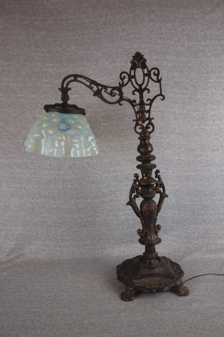 Cast iron lamp base with opalescent hobnail shade, 2
