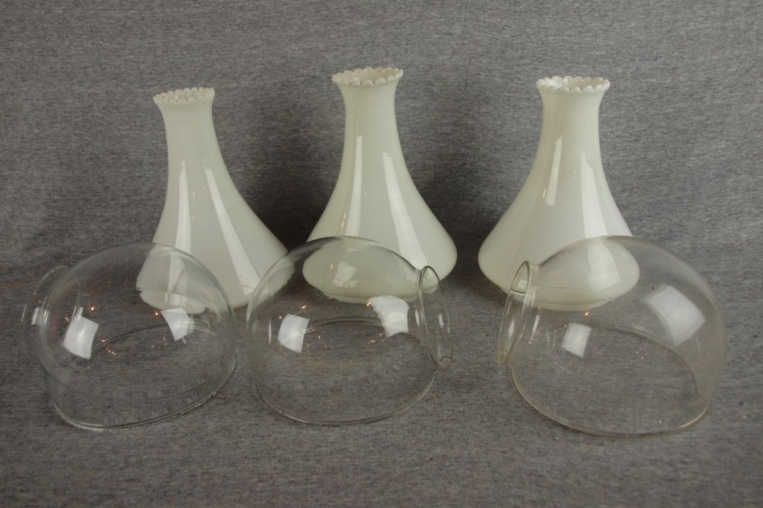 Angle lamp set of 3 clear glass chimneys and 3 milk 