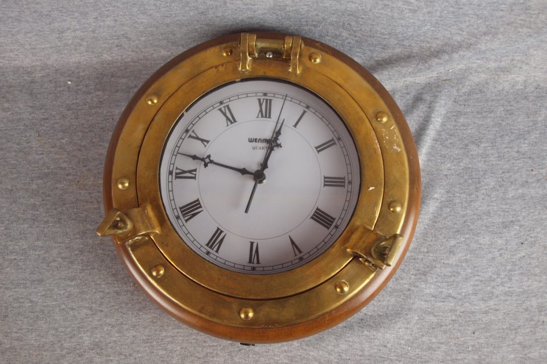 Wenmar brass port hole clock with quartz movement, 1: Wenmar brass port hole clock with quartz movement, 12 1/2"d