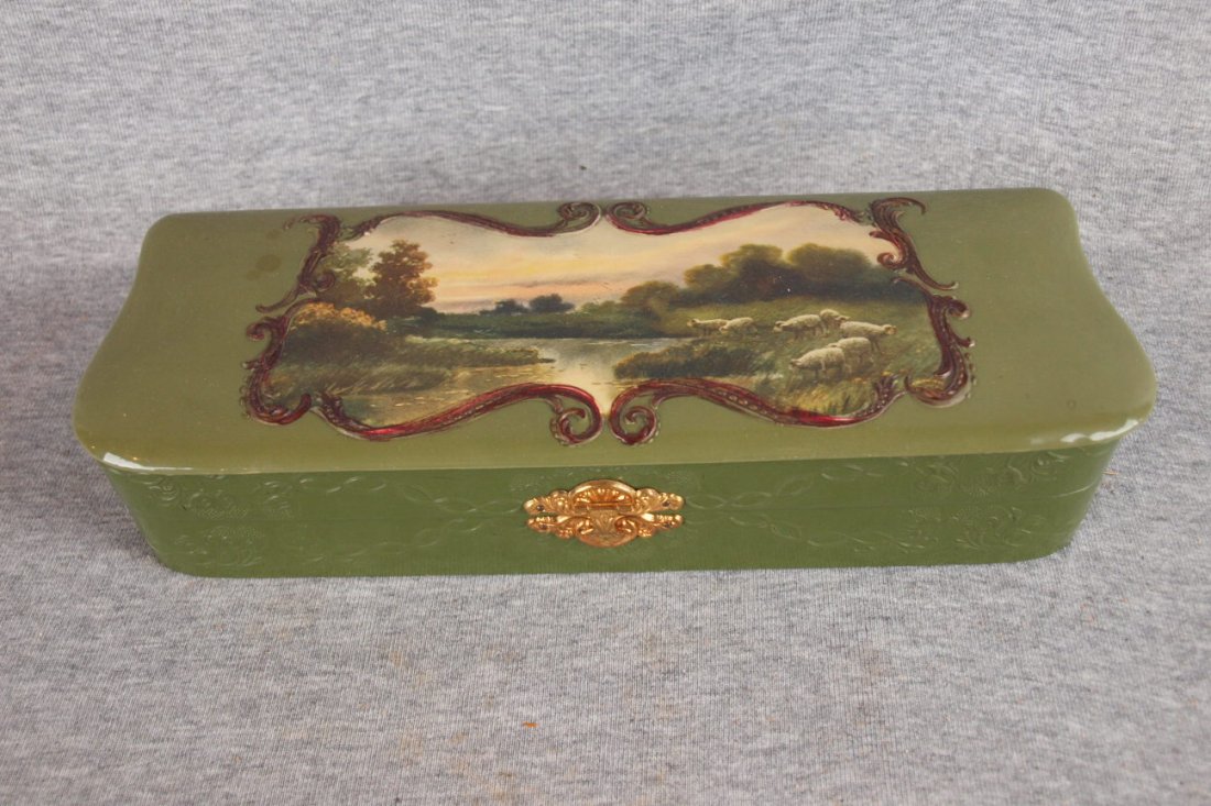 Celliliod glove box with sheep on lid, 12 1/2" 