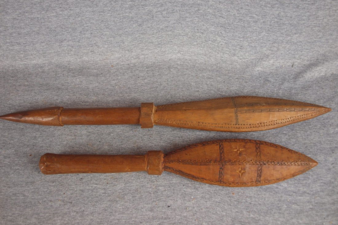 Two carved wood spears, 17 1/2" and 24" : Two carved wood spears, 17 1/2" and 24"
