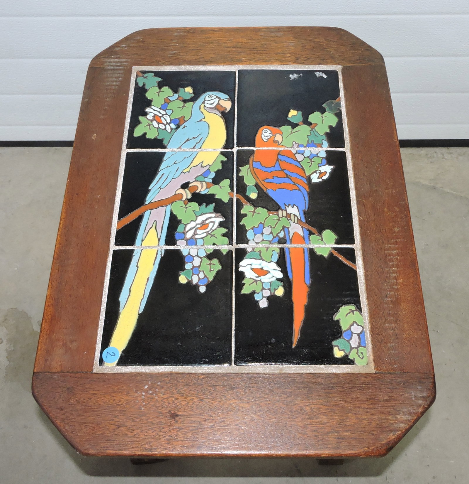 Taylor Tile (attributed) tile side table,: with parrots, 19"h, 18"w, 26"d