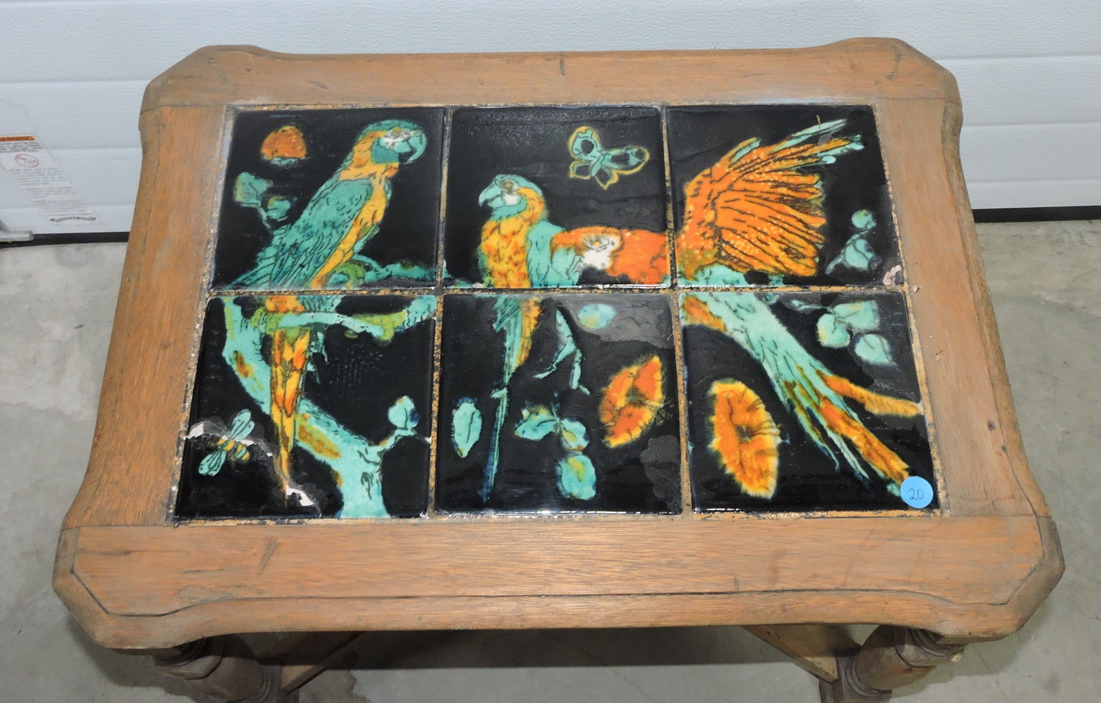 Taylor Tile (attributed) tile side table,: with parrots, 18"h, 24"w, 18"d
