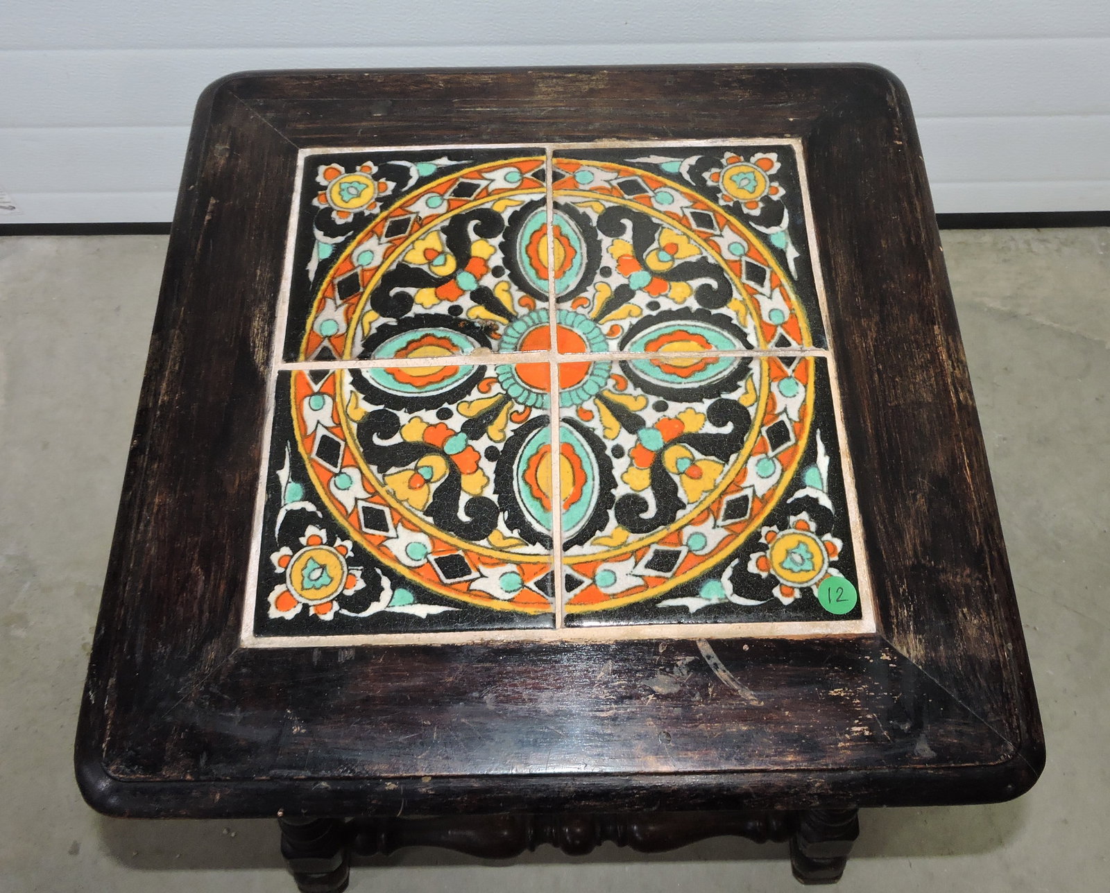 California tile side table with wooden: base, 19"h, 18"w, 18"d