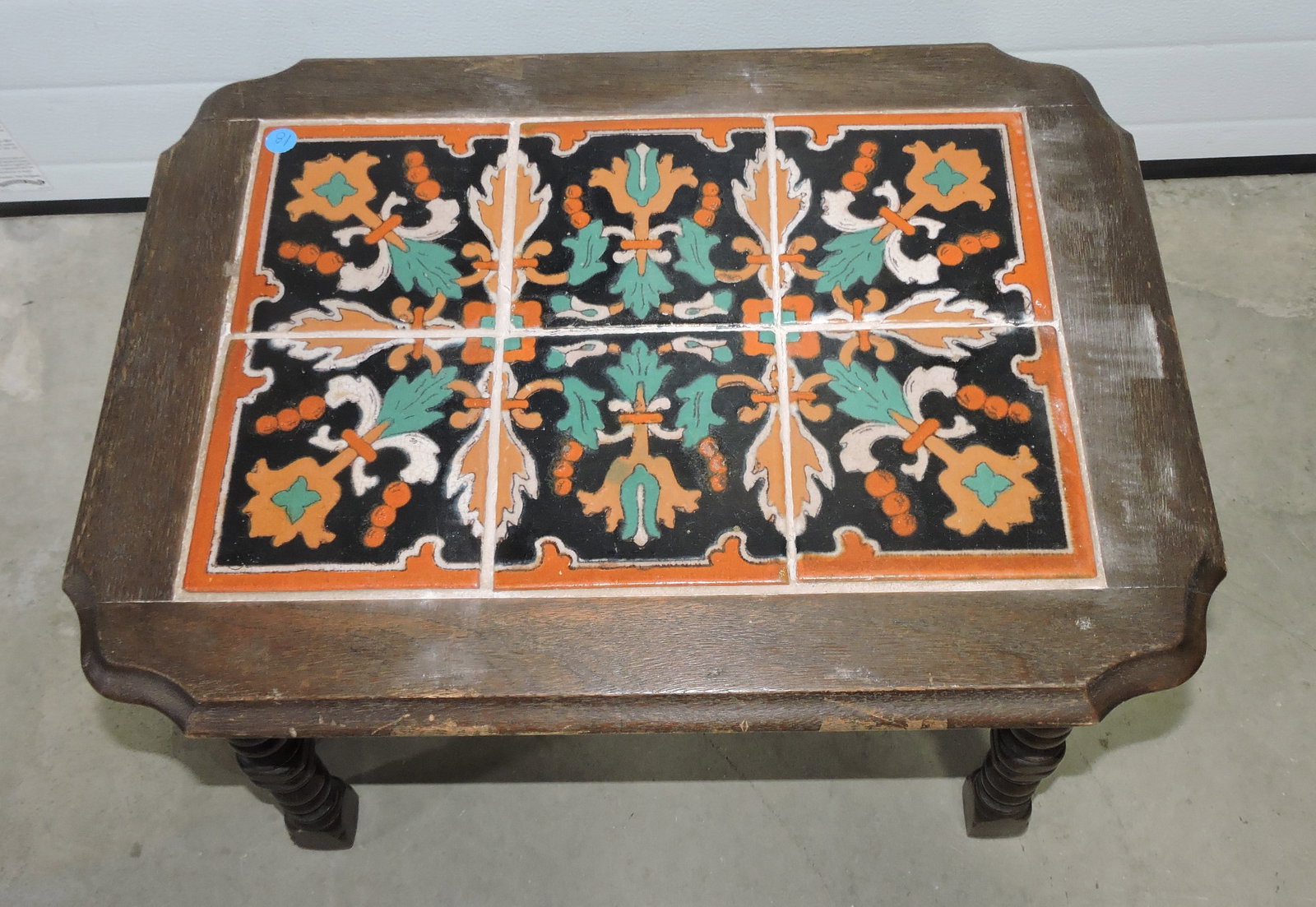 California tile side table with wooden: base, 17"h, 24"w, 18"d