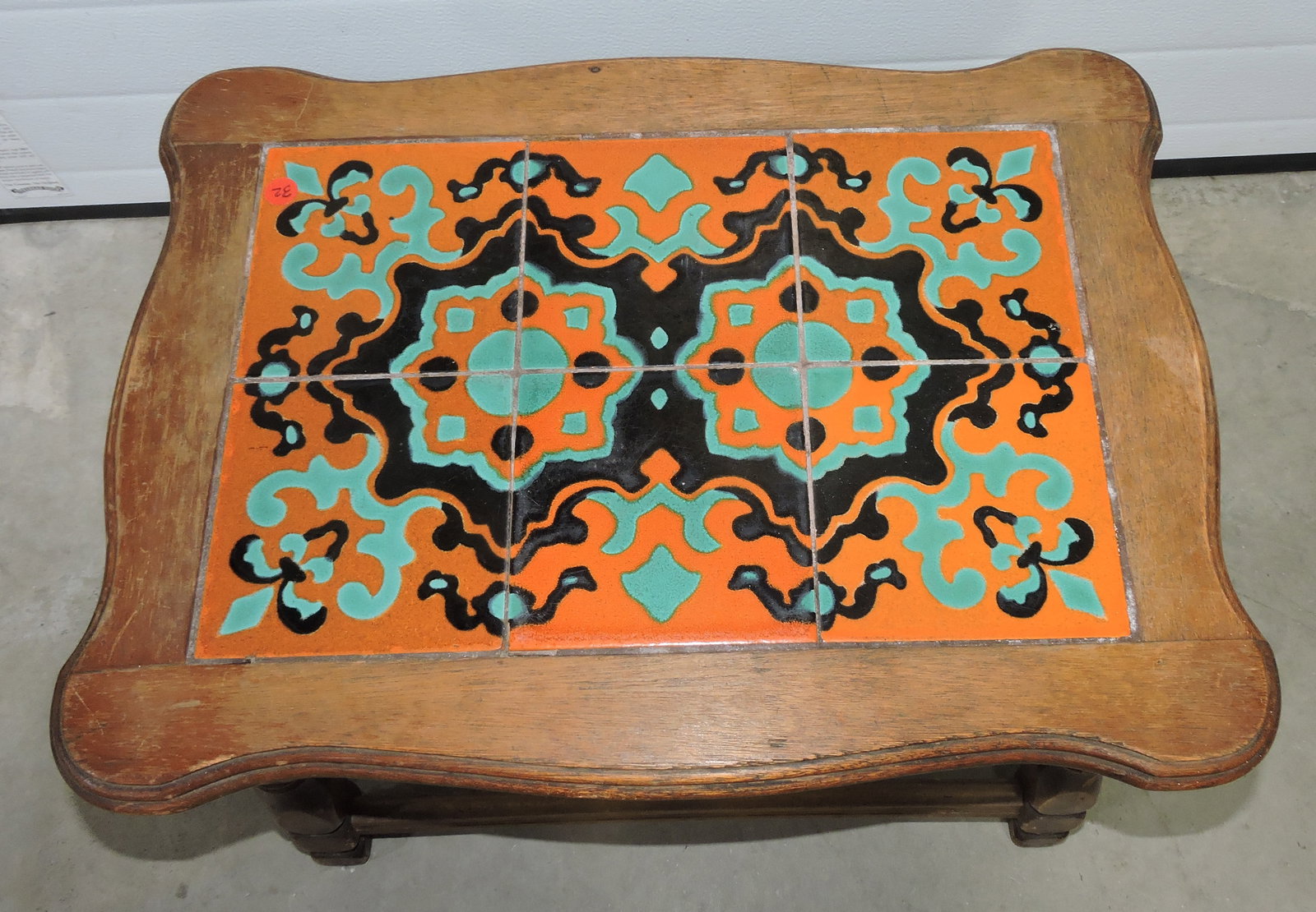 California tile side table with wooden: base, 17"h, 24"w, 18"d