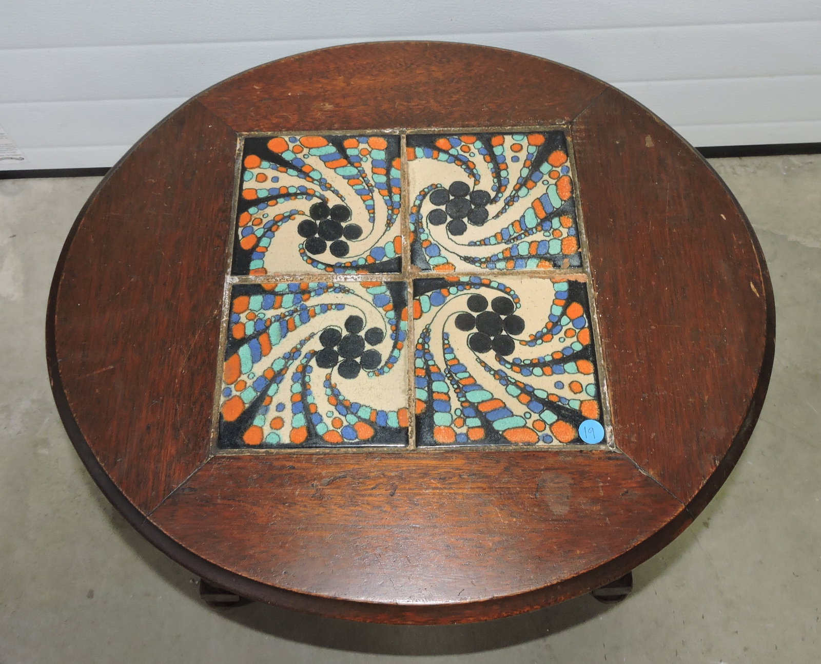 California tile side table with wooden: base, 19"h, 24"w, 22"d