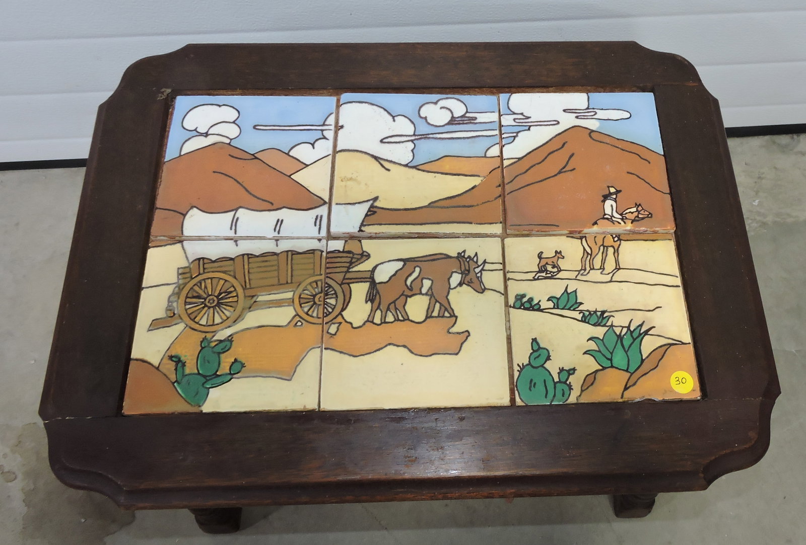 Taylor Tile side table with wooden base,: 17"h, 24"w, 18"d, tiles need re-grouted