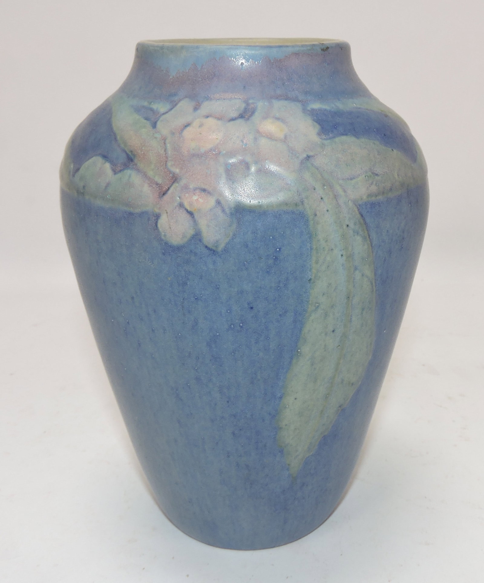 Newcomb College art pottery vase: with flowers on shoulder, NR54, 147, signed JM for Joseph Meyer, 7"