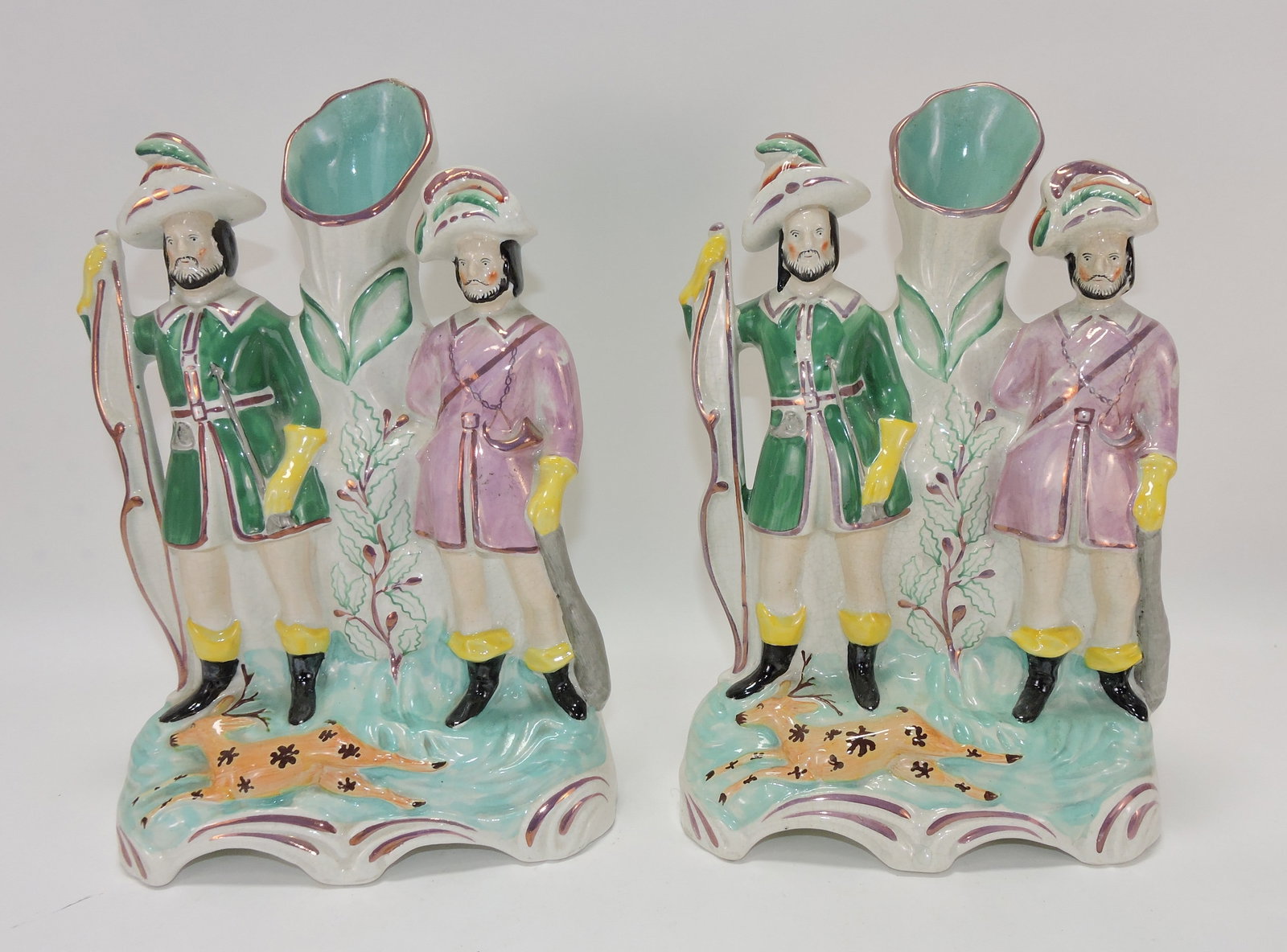 Staffordshire pair of spill vases with: pink luster, 11 1/2"