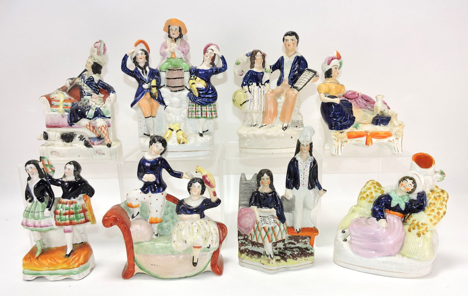 Staffordshire lot of 8 figures,: 7" to 9", various condition