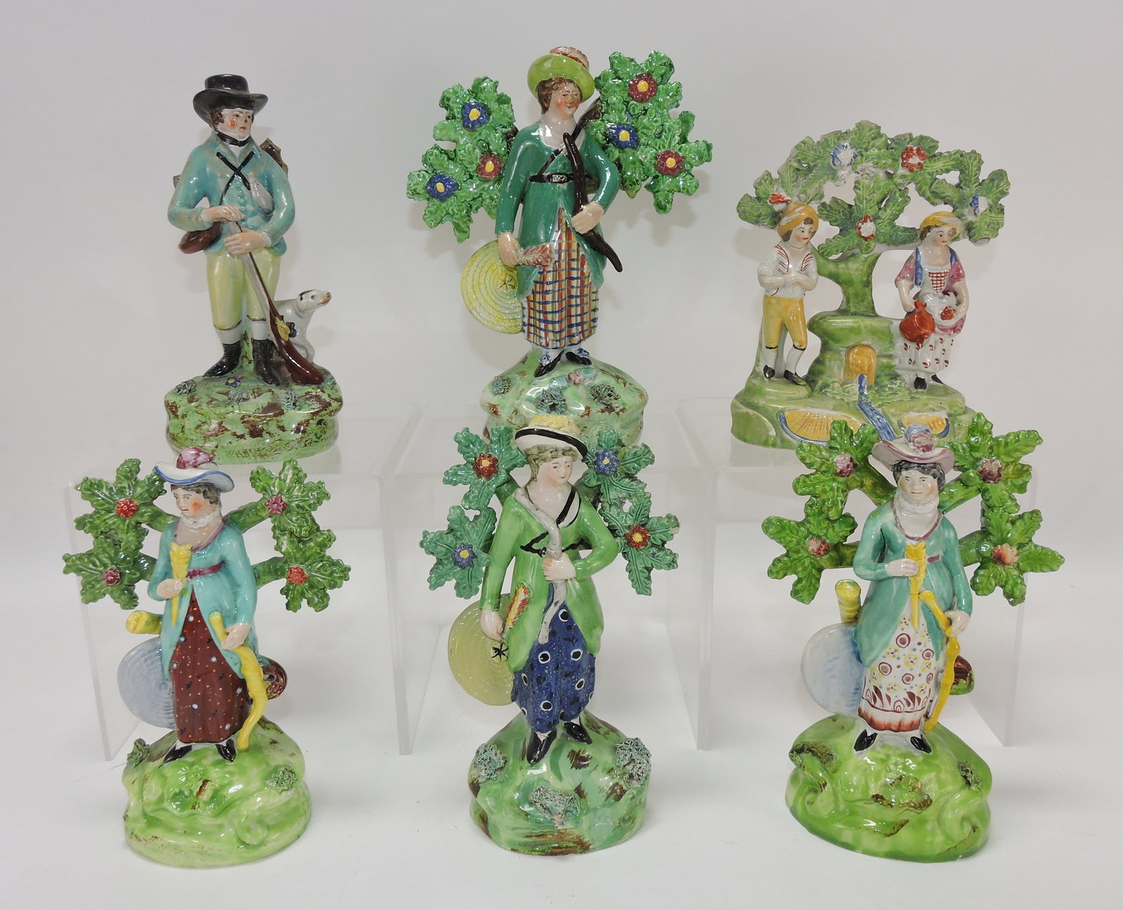 Staffordshire Pearlware lot of 6 figures: with bocage, 7" to 8", various condition
