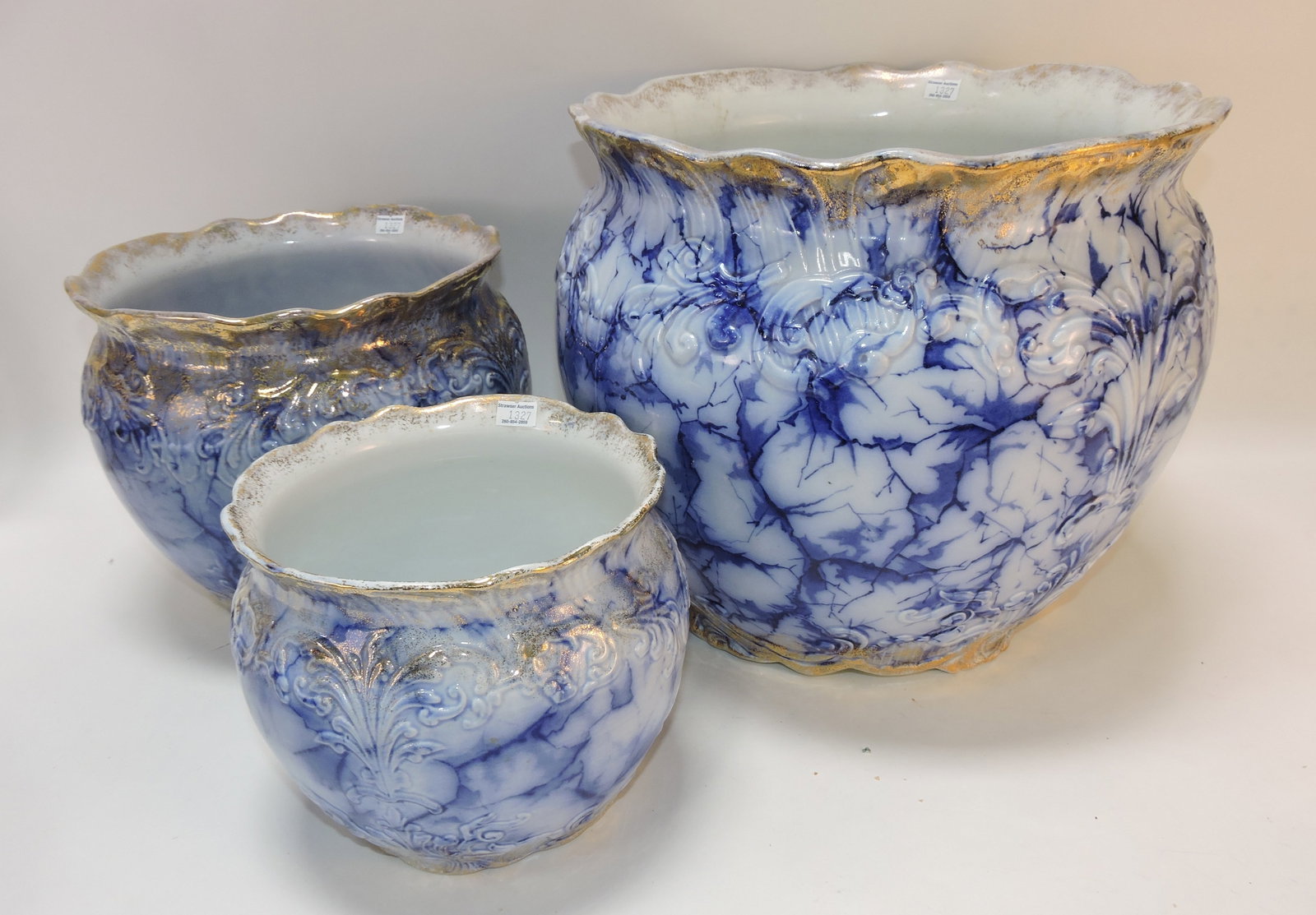 Warwick flow blue set of 3 graduated: jardinieres, 11", 8", 6 1/2"