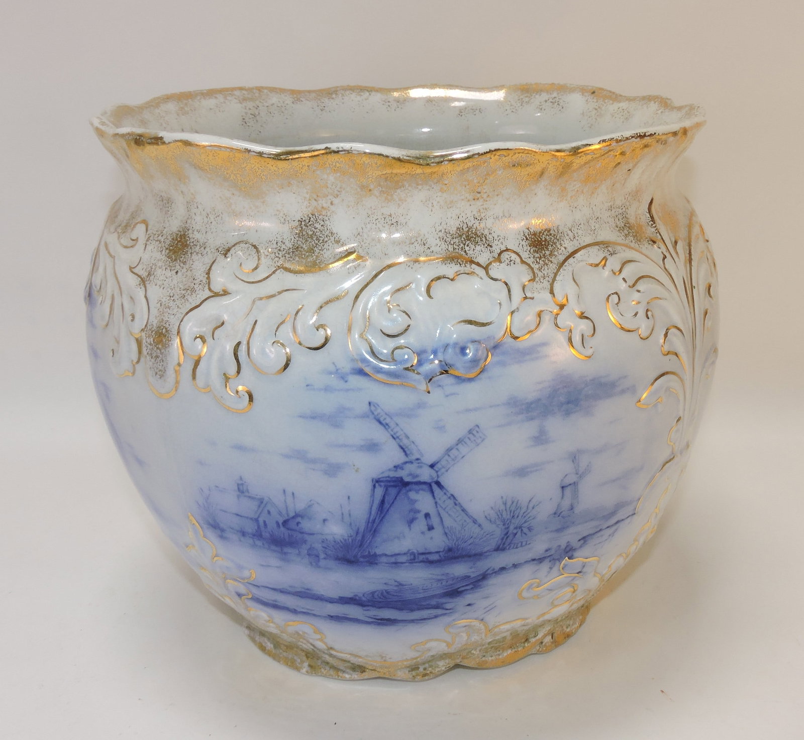 Warwick flow blue scenic jardiniere,: 9 1/2", professional hairline repair