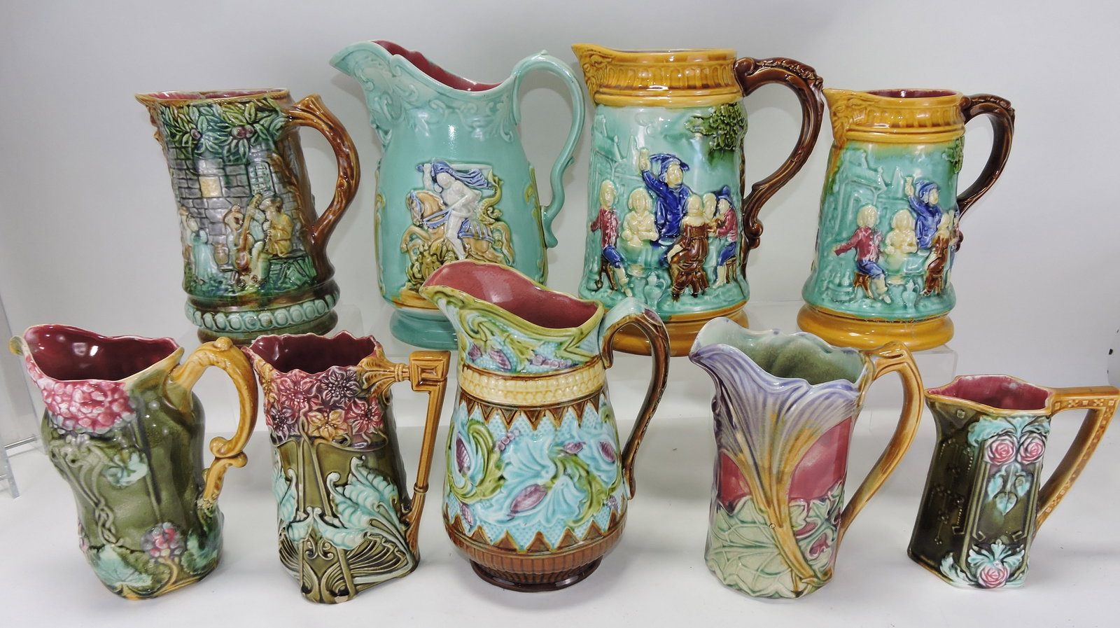 Onnaing and French lot of 9 pitchers,: 6" to 10"