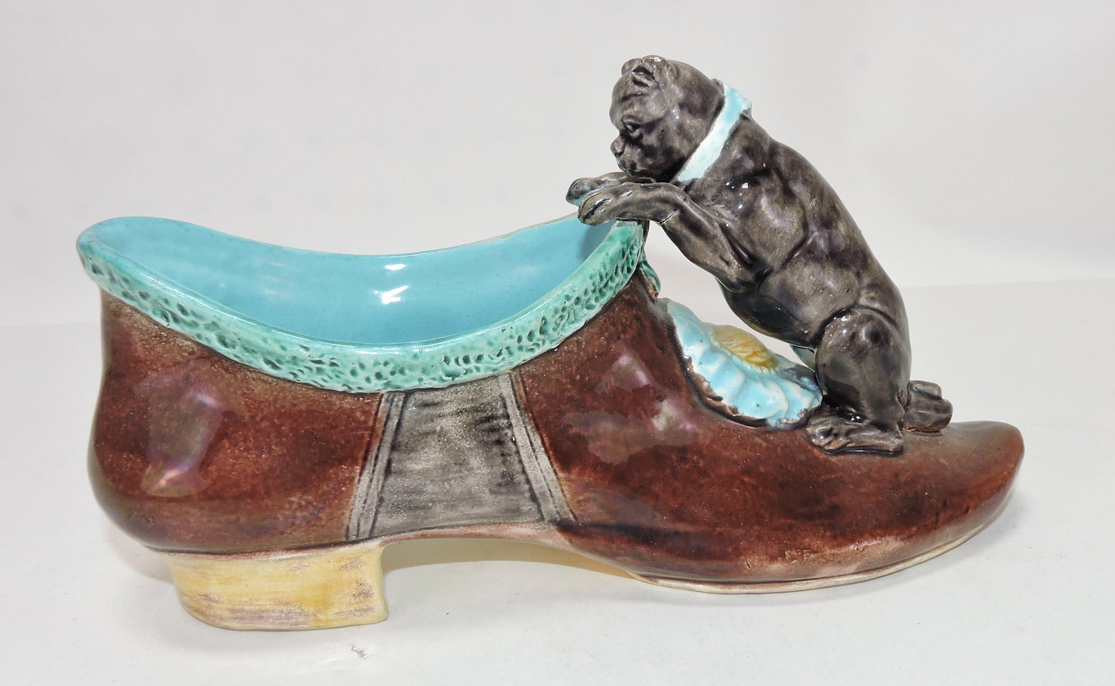 Majolica shoe with dog, 4 1/2"h,: 8"l
