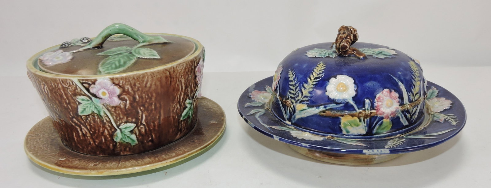 Majolica lot of 2 butter dishes: .