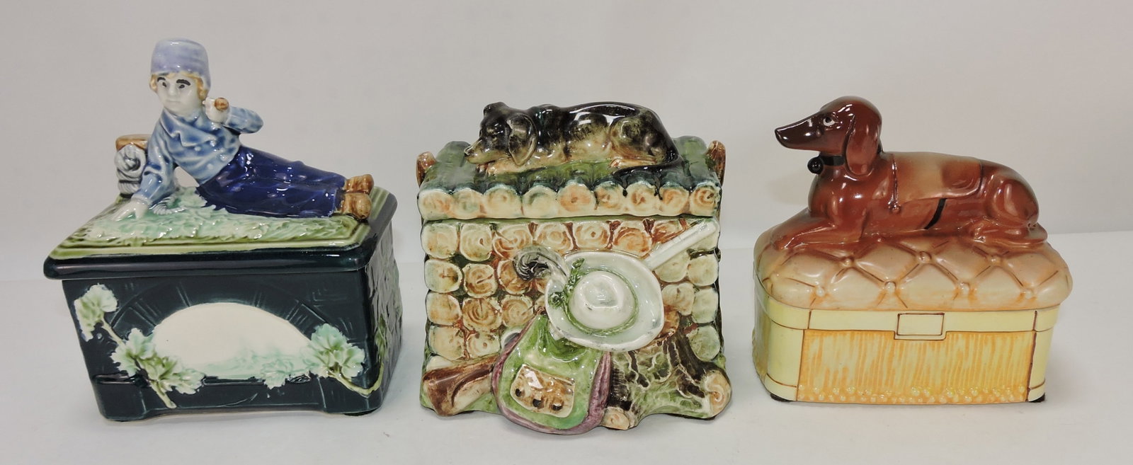 Majolica lot of 3 humidors, 6 1/2": .