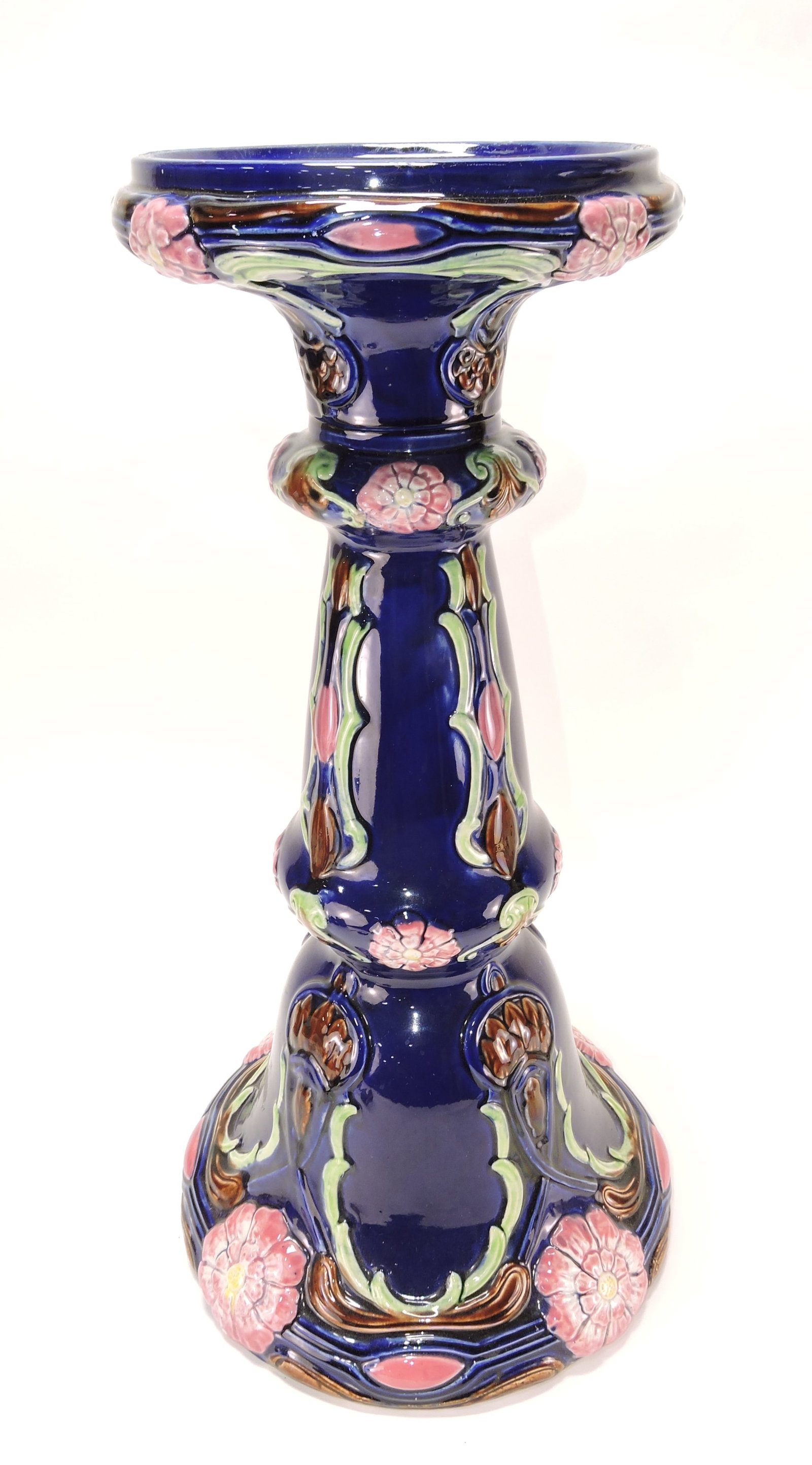 Majolica cobalt pedestal with floral motif, (1 of 1)