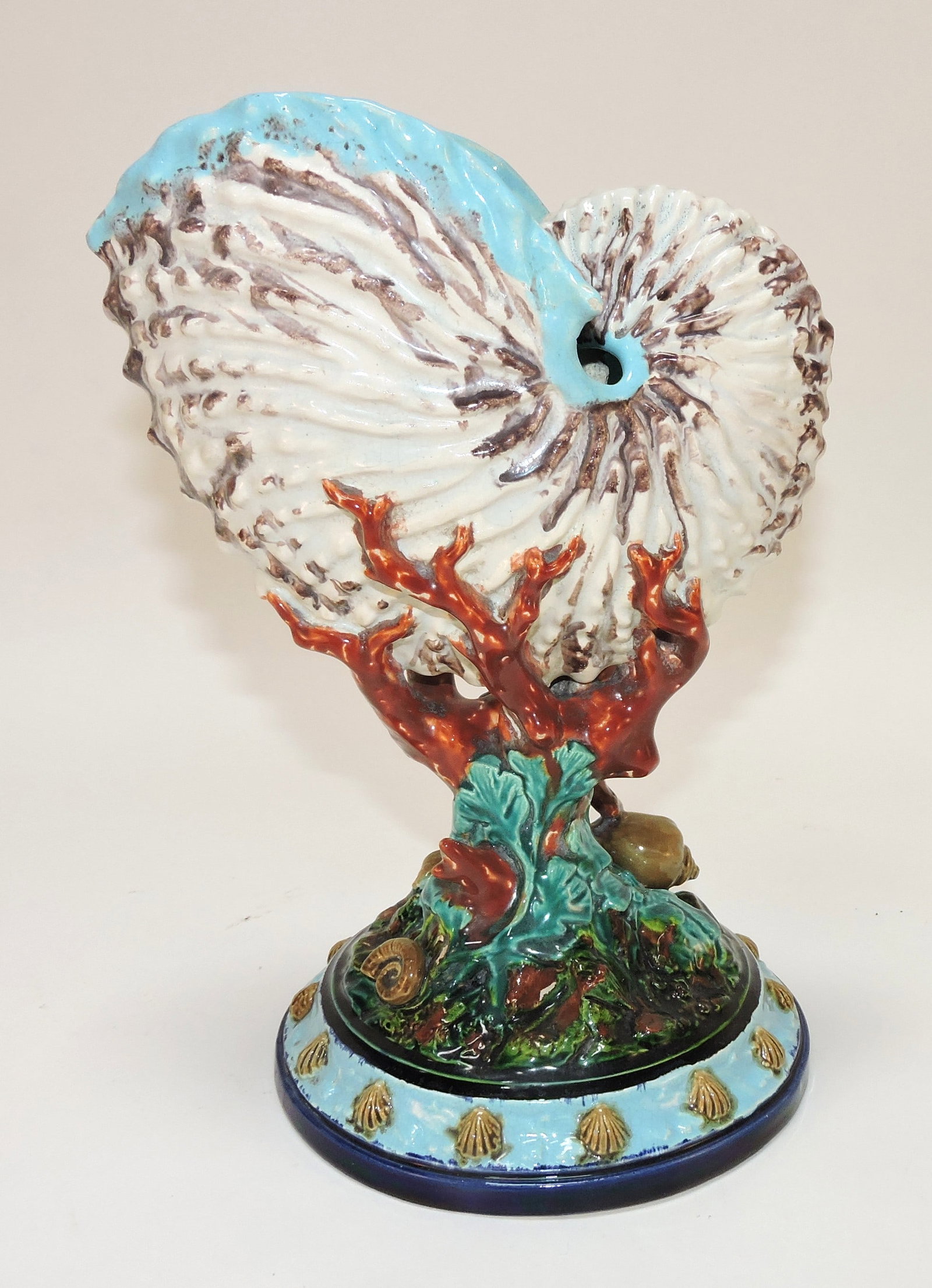 Royal Worcester majolica conch shell: supported by coral posey vase, 9"