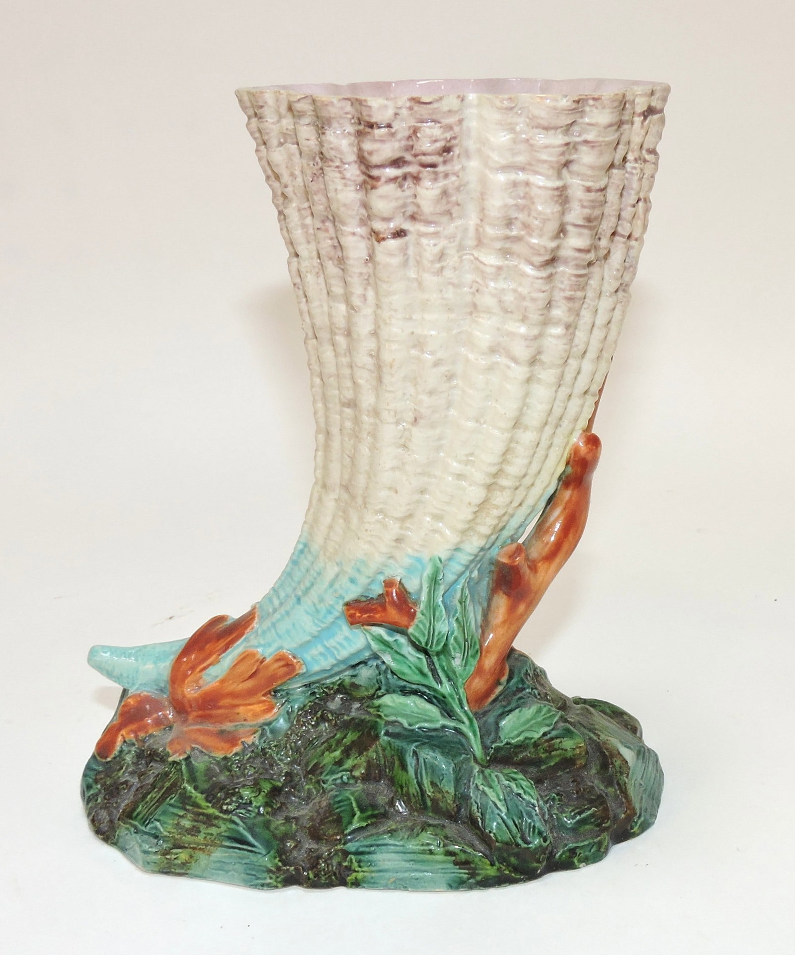 Royal Worcester majolica cornucopia: shell supported by coral 6" spill vase. From the Bob Shane Collection