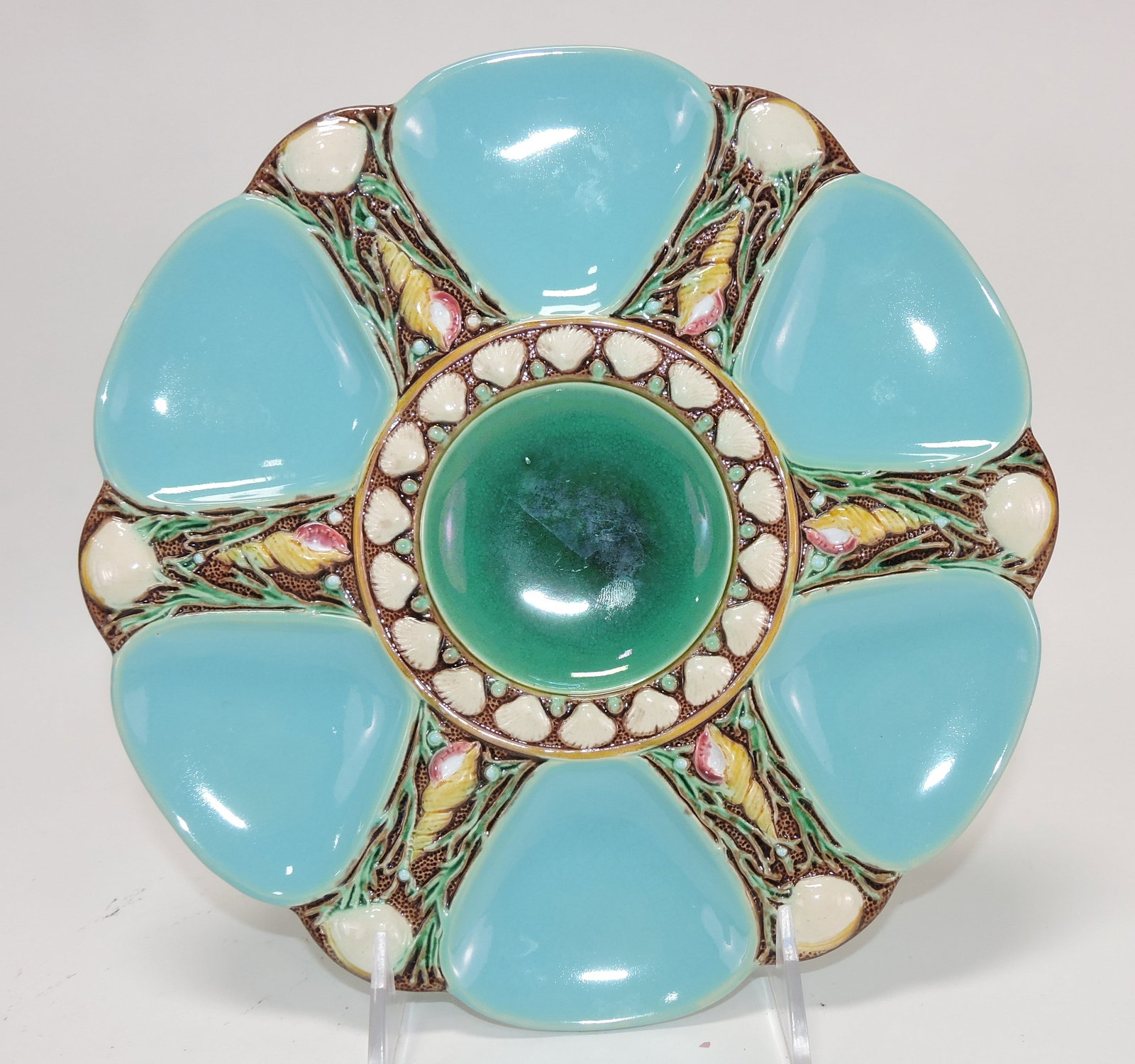 Minton majolica 6 well oyster plate,: 9", #1323, turquoise