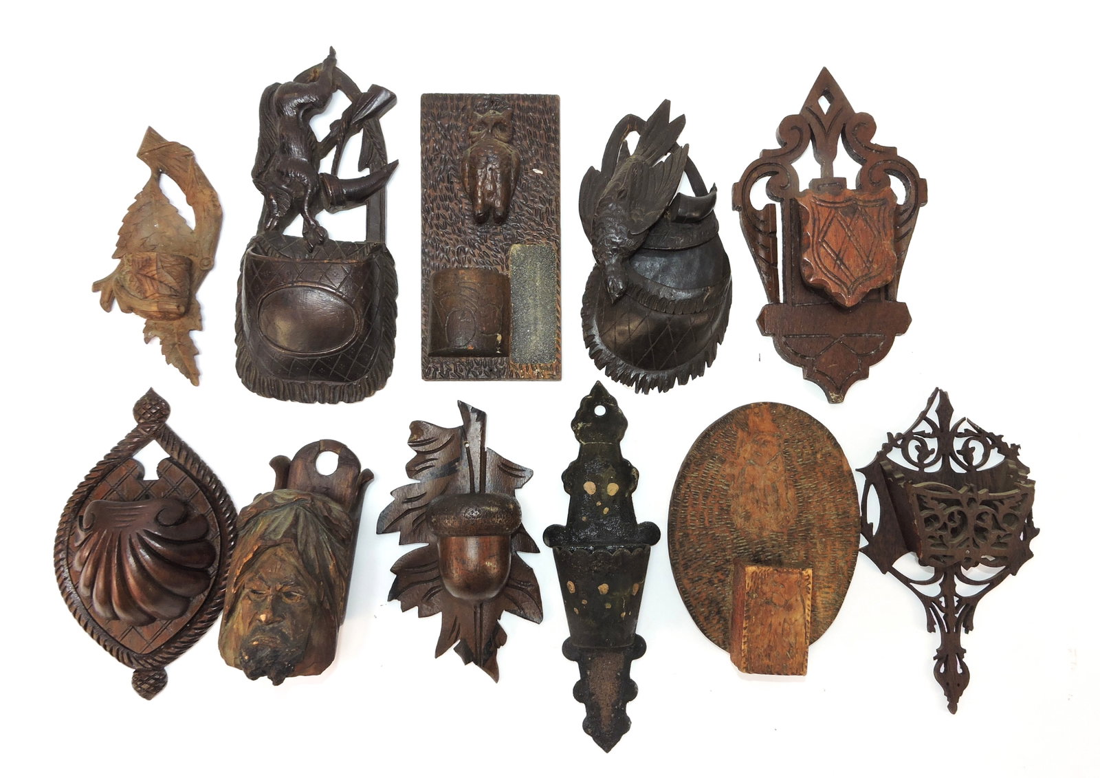 Lot of 11 wooden wall match holders,: various condition