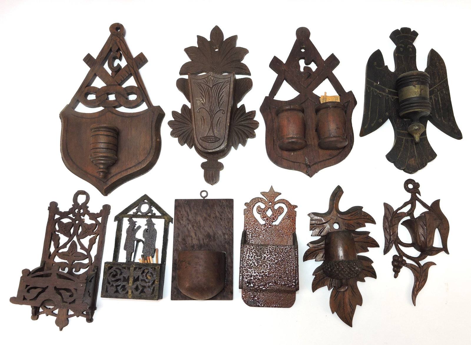 Lot of 10 wooden wall match holders,: various condition